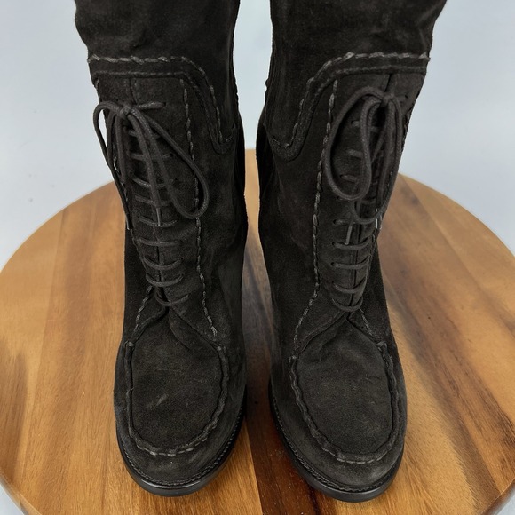 Womens Prada Brown Suede Lace Up Block Heel Platform Tall Boots Size EU 38.5 - Picture 9 of 14